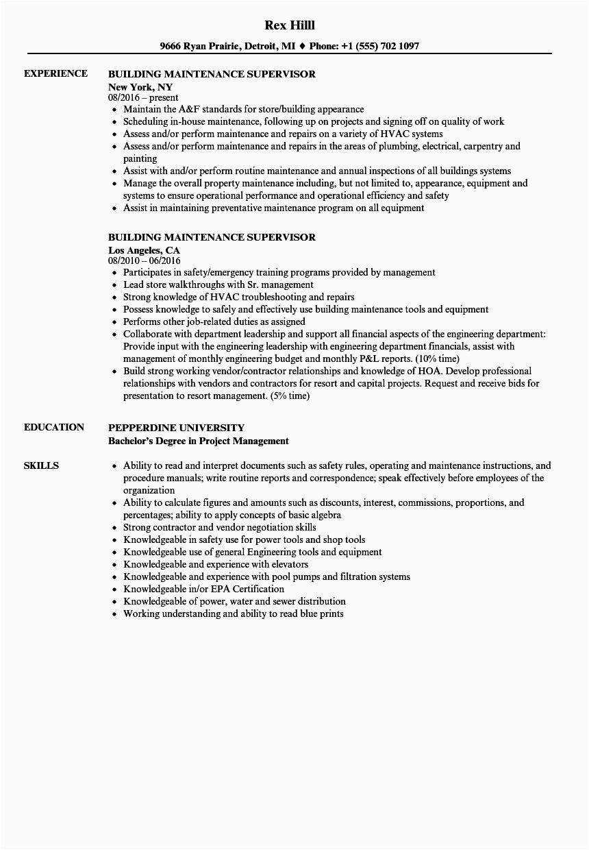 Sample Resume Objective for Building Maintenance Maintenance Supervisor Resume