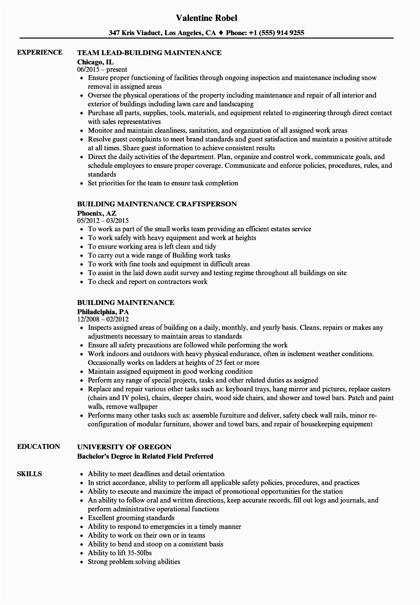 Sample Resume Objective for Building Maintenance Resume Objective Building Maintenance Facility Lead Maintenance