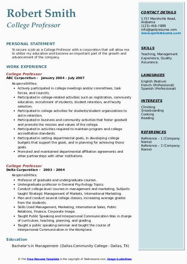 Sample Resume Objective for College Professor College Professor Resume Samples