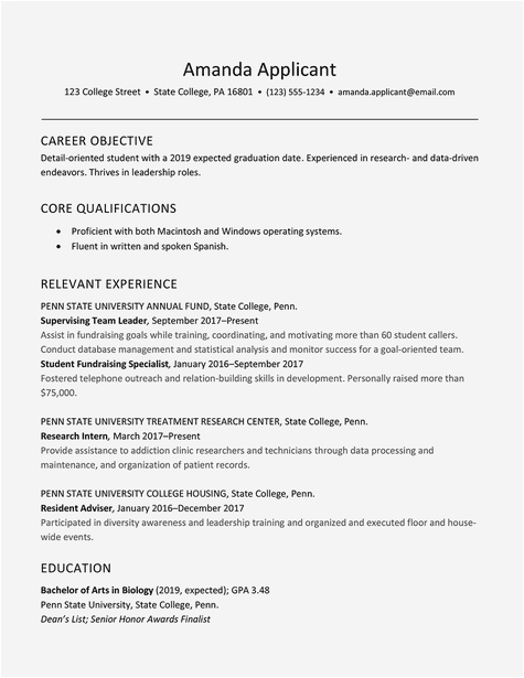 Sample Resume Objective for College Senior College Senior Resume Example and Writing Tips