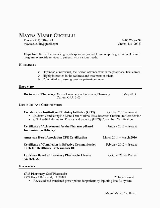 Sample Resume Objective for Colloge Of Pharmacy Application Cariculum Vitae Objective for Pharmacist Retail Pharmacist Resume