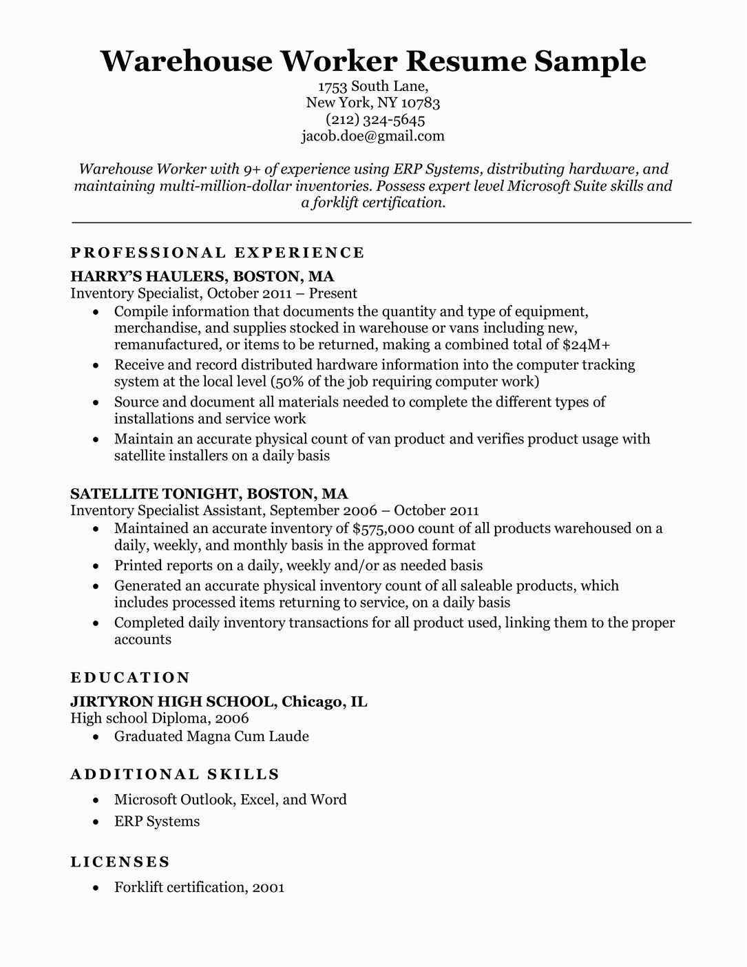 Sample Resume Objective for Warehouse Worker Warehouse Worker Resume Sample