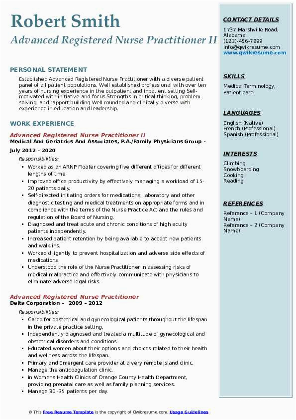 Sample Rn Resume 2 Year Experience Advanced Registered Nurse Practitioner Resume Samples