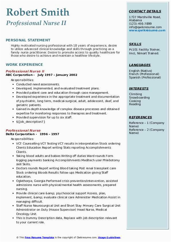 Sample Rn Resume 2 Year Experience Professional Nurse Resume Samples