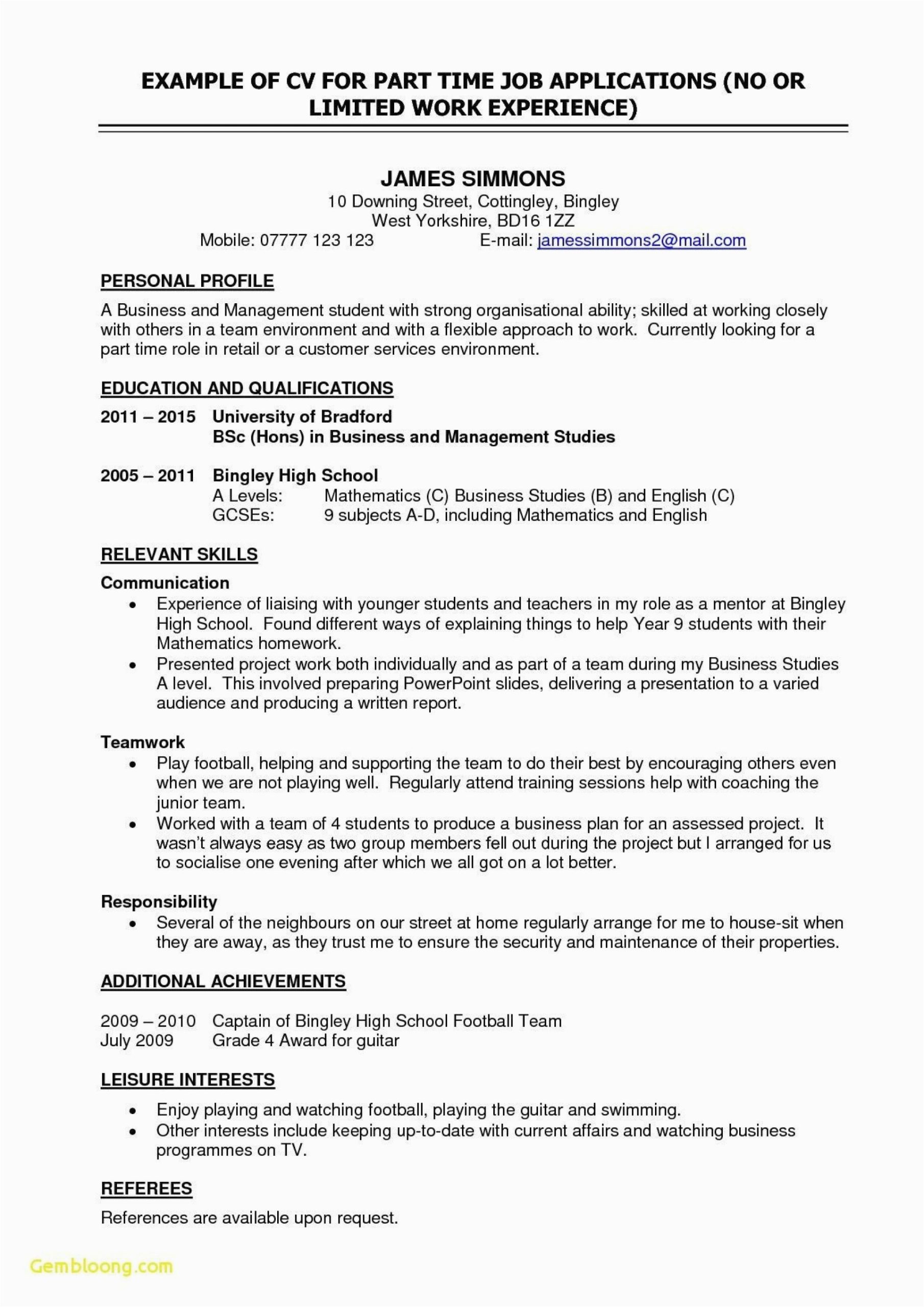 Student Resume Sample for Part Time Job Part Time Job Resume Template Addictionary