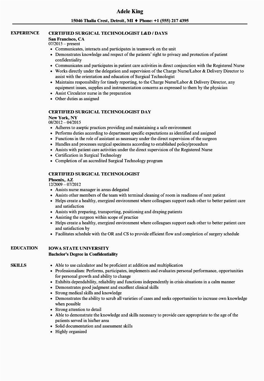 Surgical Technologist Job Description Resume Sample 23 Surgical Tech Resume Examples In 2020