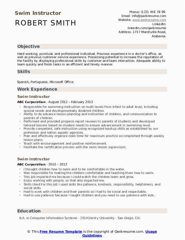 Swimming Instructor Parent and tot Resume Sample Swim Instructor Resume Samples