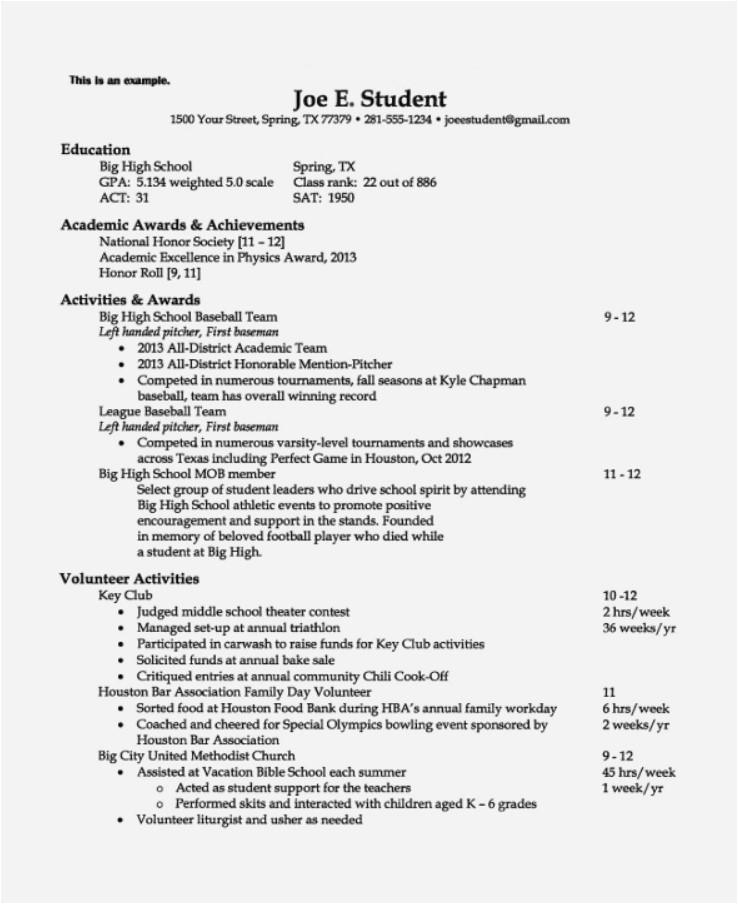 Academic Resume Template for College Applications Resume for College Application Template