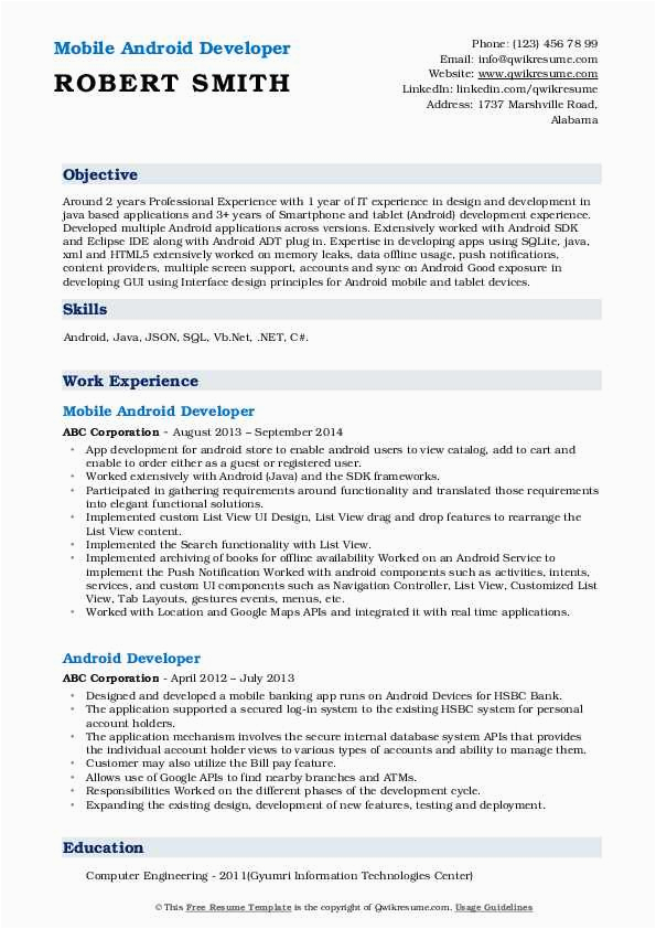 Android Developer Resume Template Free Download android Developer Resume Samples