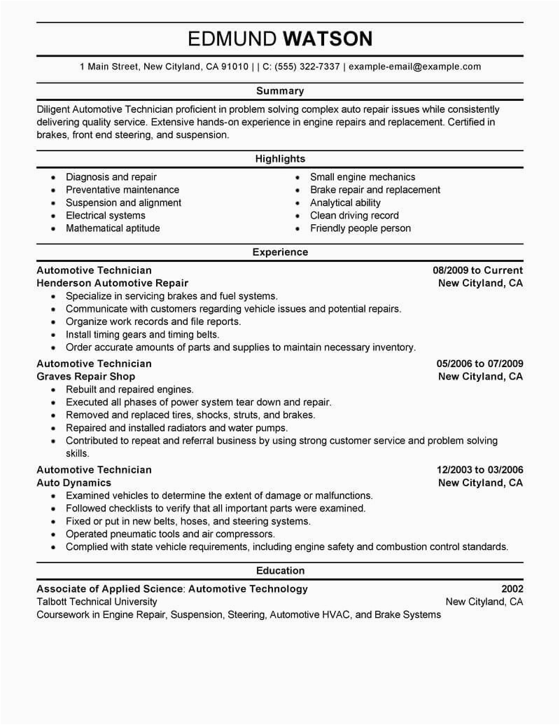 Auto Contract Funding Clerk Resume Sample Best Automotive Technician Resume Example From Professional Resume