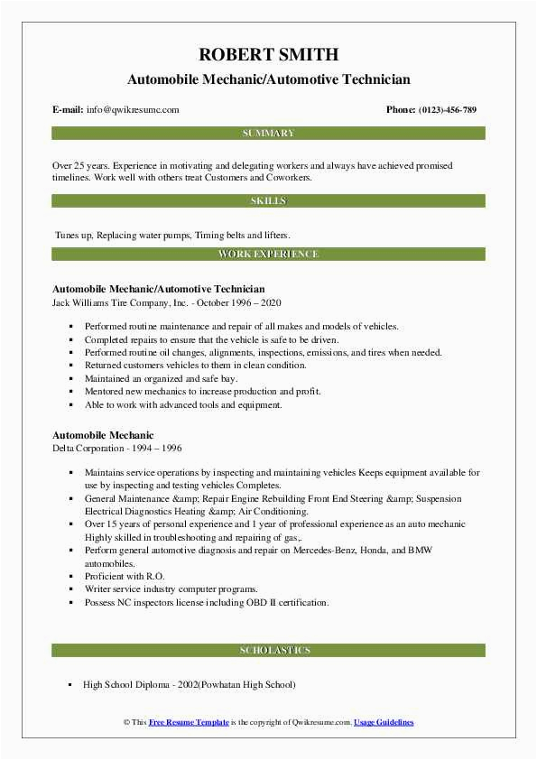 Auto Mechanic with 10 Years Plus Experience Sample Resumes Automobile Mechanic Resume Samples