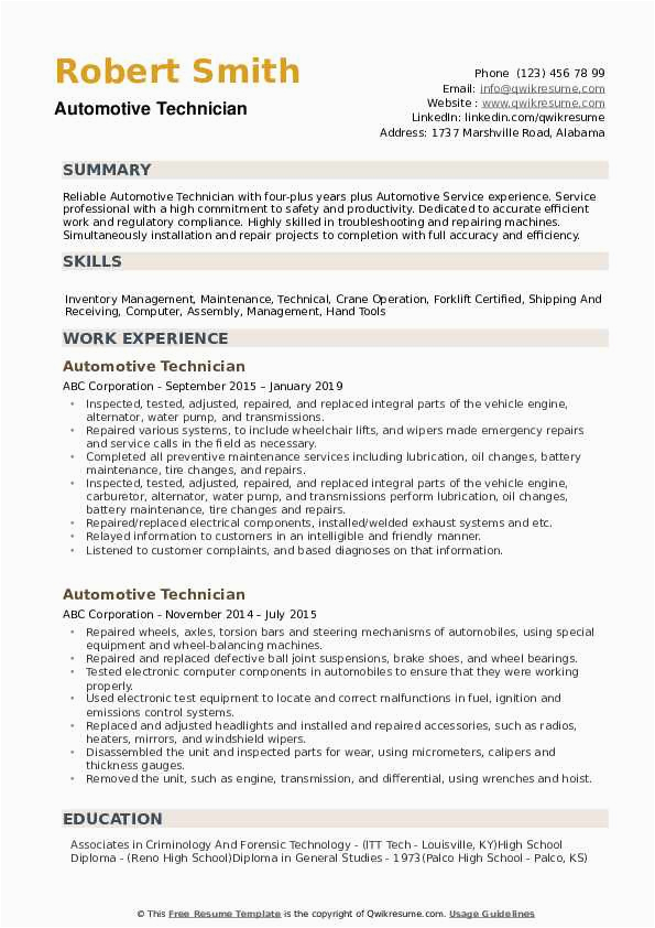 Auto Mechanic with 10 Years Plus Experience Sample Resumes Automotive Technician Resume Samples