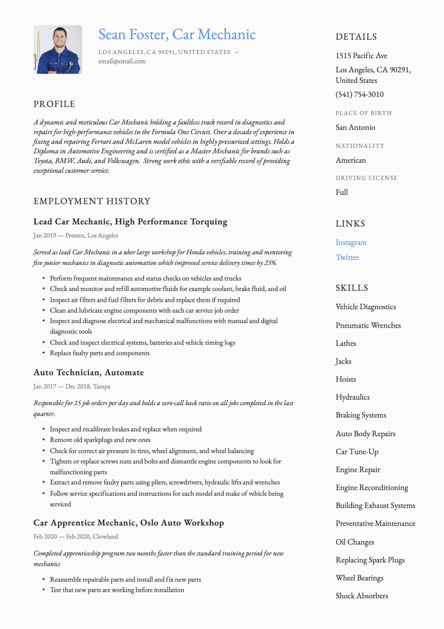 Auto Mechanic with 10 Years Plus Experience Sample Resumes Car Mechanic Resume & Guide 19 Resume Examples