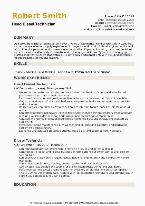 Auto Mechanic with 10 Years Plus Experience Sample Resumes Diesel Technician Resume Samples