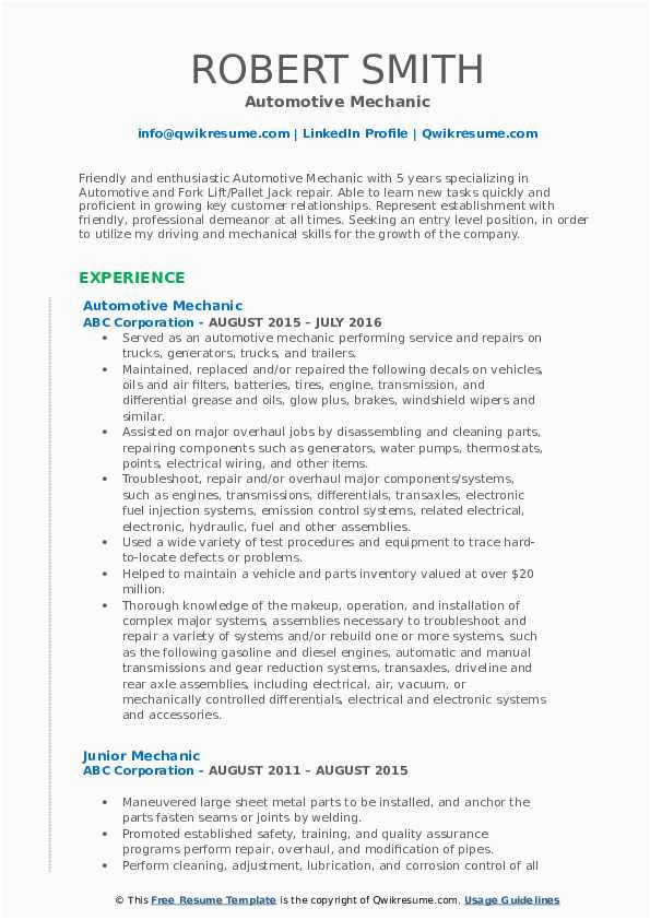 Auto Mechanic with 10 Years Plus Experience Sample Resumes Mechanic Resume Samples