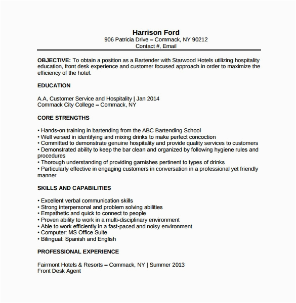 Bartending Resume Templates with No Experience Free 8 Sample Bartender Resume Templates In Pdf