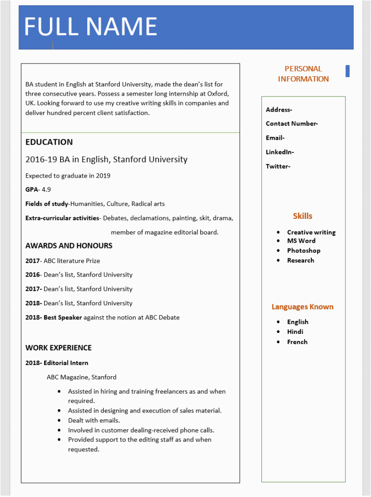 Best Resume Templates for Freshers Download attractive Best Resume format Download for Fresher