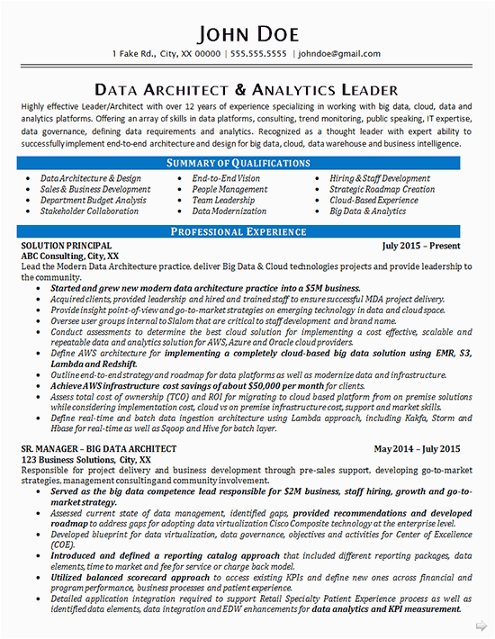 Bi Data Architect Job Sample Resume Data Architect Resume Example Data Analytics It Consultant