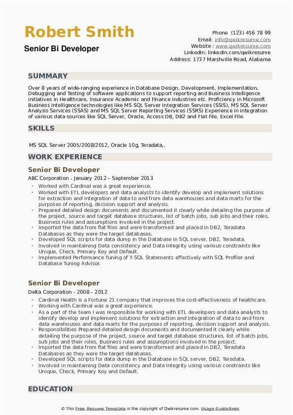 Bi Senior Cognos Technical Lead Sample Resume Senior Bi Developer Resume Samples