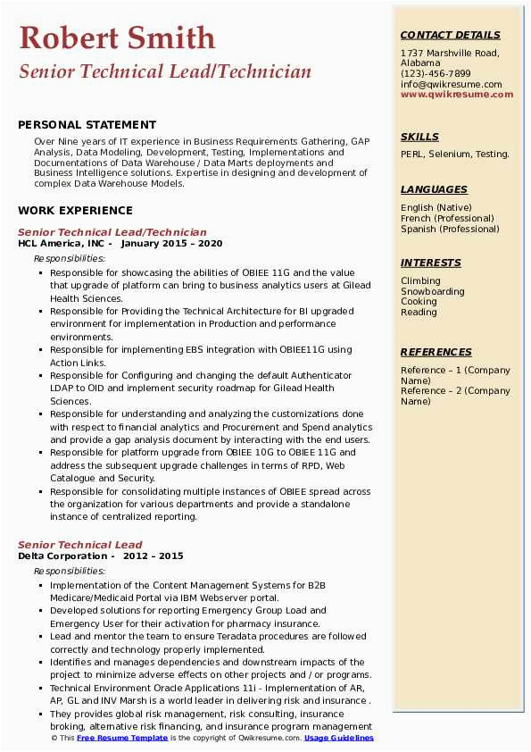 Bi Senior Cognos Technical Lead Sample Resume Senior Technical Lead Resume Samples