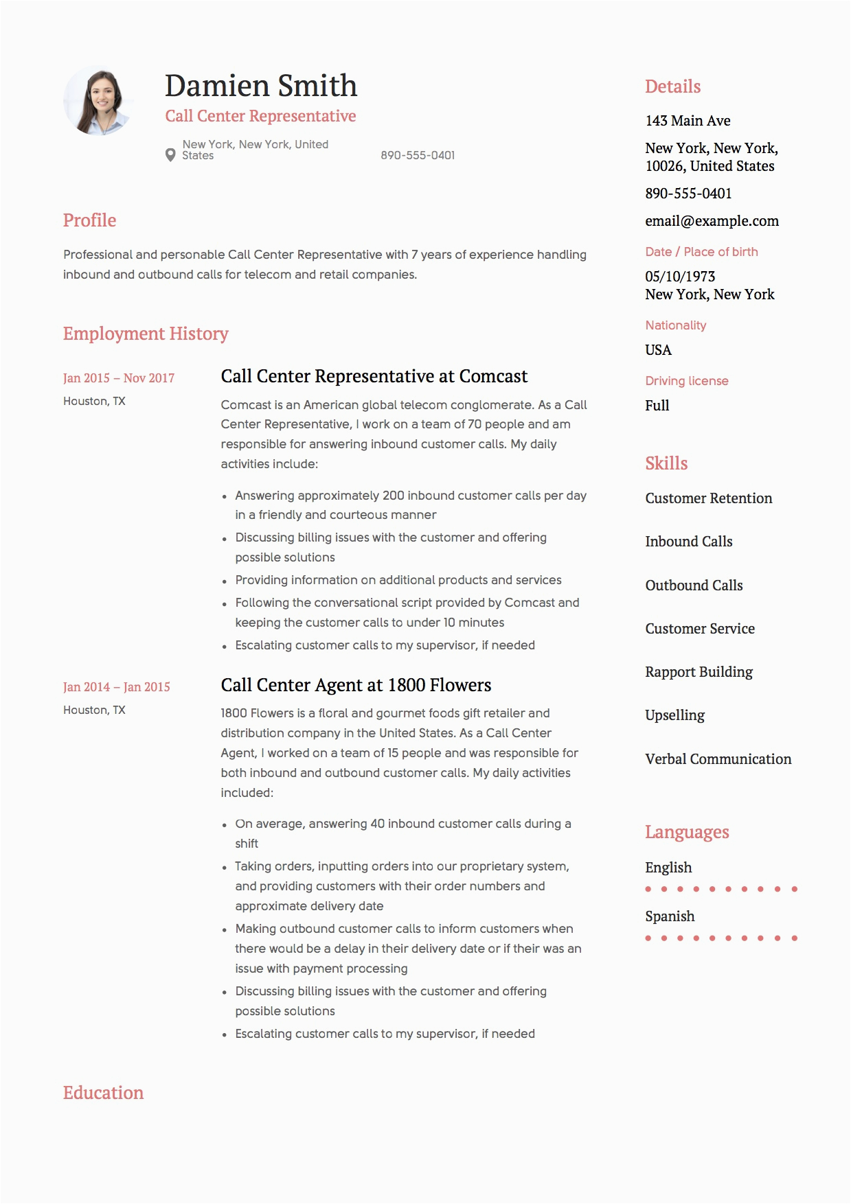 Call Center Resume Template Free Download Call Center Representative Resume & Guide
