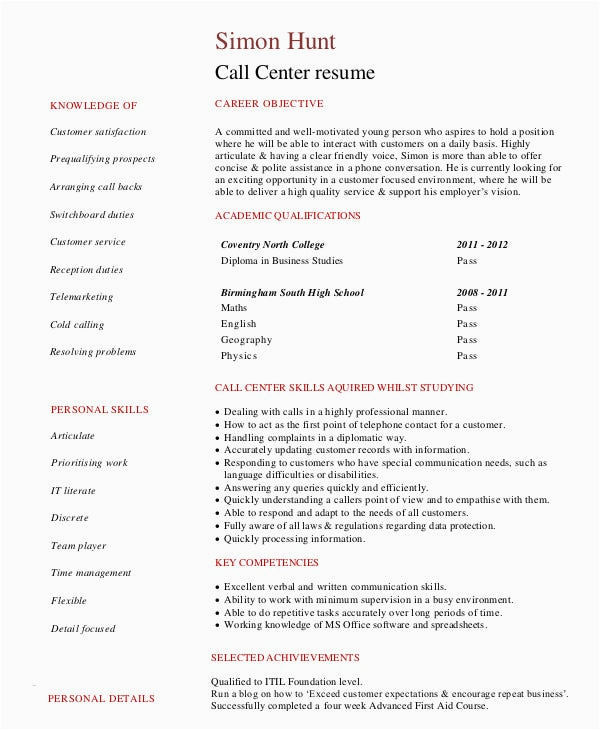 Call Center Resume Template Free Download Call Center Resume Template