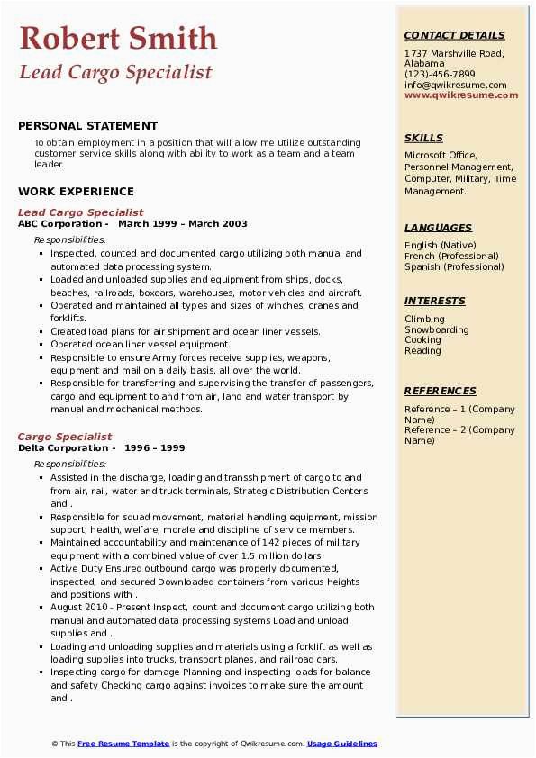Cargo and Vessel Claim Manager Resume Samples Cargo Specialist Resume Samples