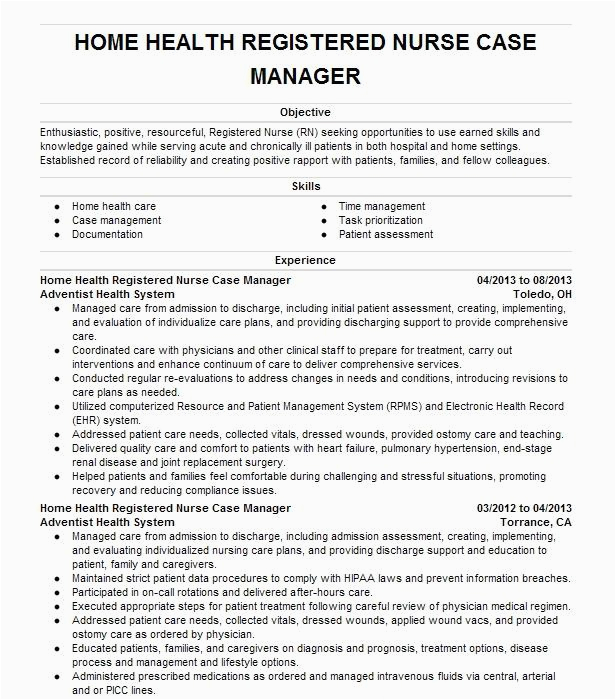 Case Manager Home Health Resume Samples Home Health Registered Nurse Case Manager Resume Example Ambercare