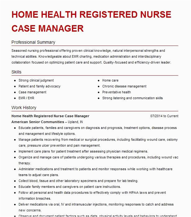 Case Manager Home Health Resume Samples Home Health Registered Nurse Case Manager Resume Example Ambercare