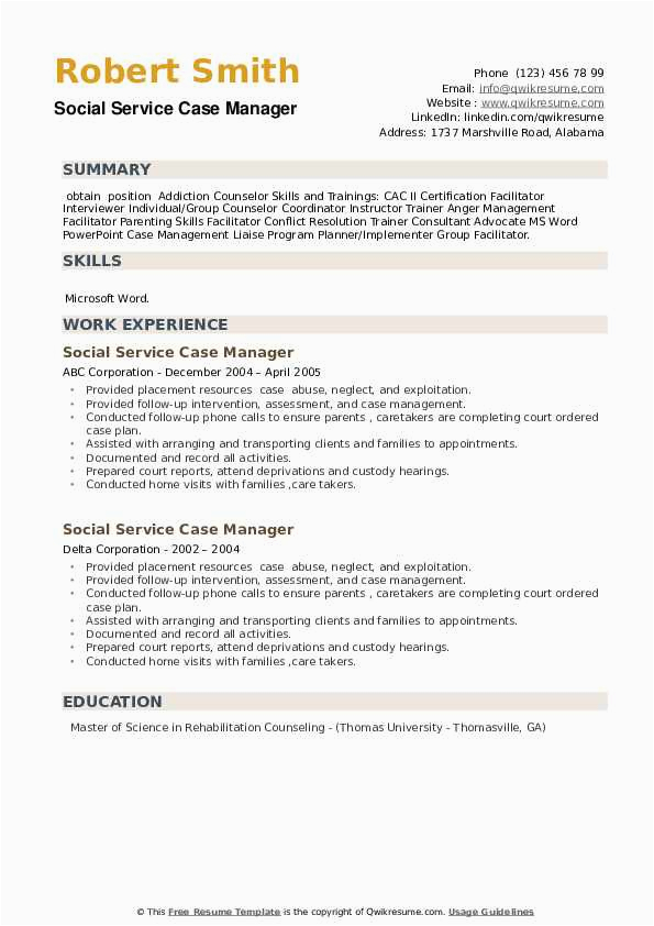 Case Manager social Services Resume Samples social Service Case Manager Resume Samples