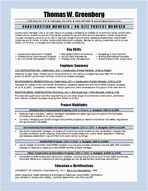 Construction Firm Operational Manager Sample Resume Construction Manager Resume Sample