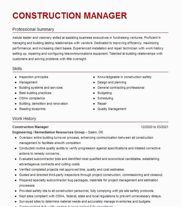 Construction Firm Operational Manager Sample Resume Construction Operations Manager Resume Example Pany Name
