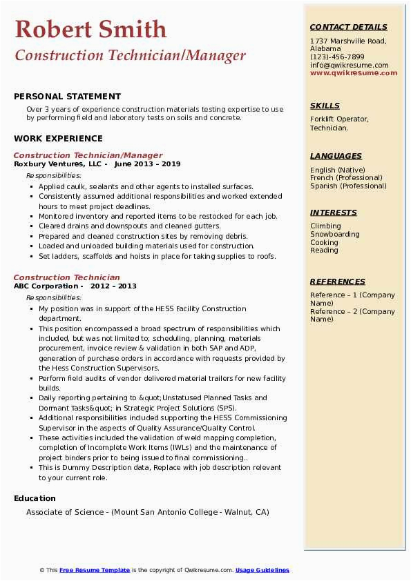 Construction Materials Testing Lab Manager Resume Sample Construction Technician Resume Samples