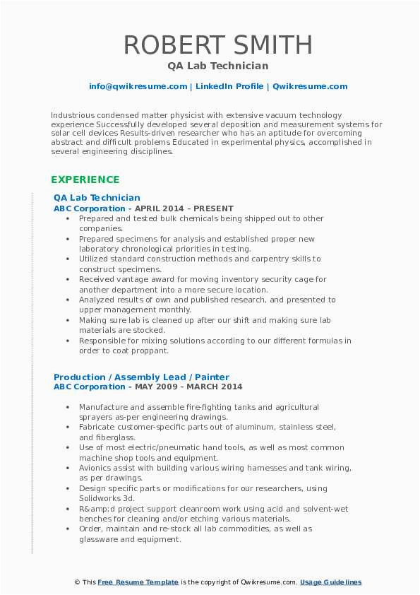 Construction Materials Testing Lab Manager Resume Sample Lab Technician Resume Samples