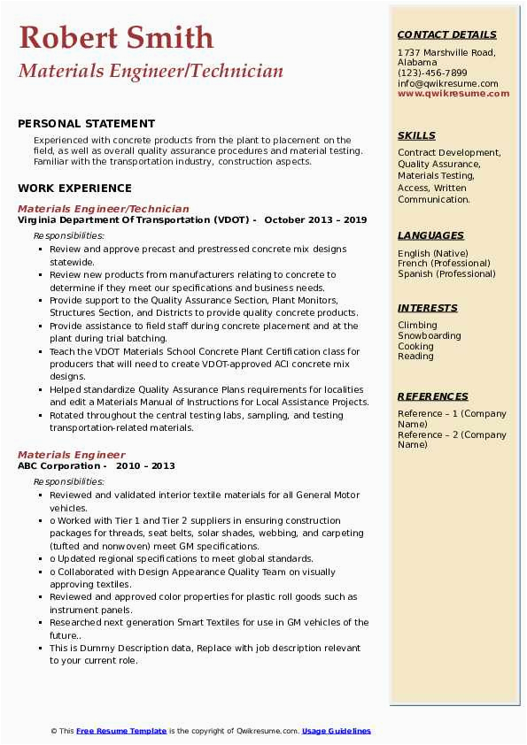 Construction Materials Testing Lab Manager Resume Sample Materials Engineer Resume Samples