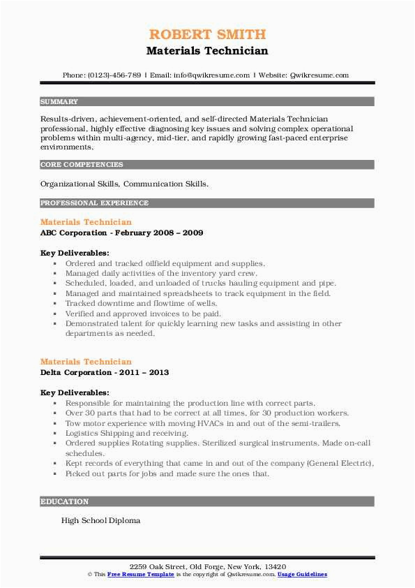 Construction Materials Testing Lab Manager Resume Sample Materials Technician Resume Samples