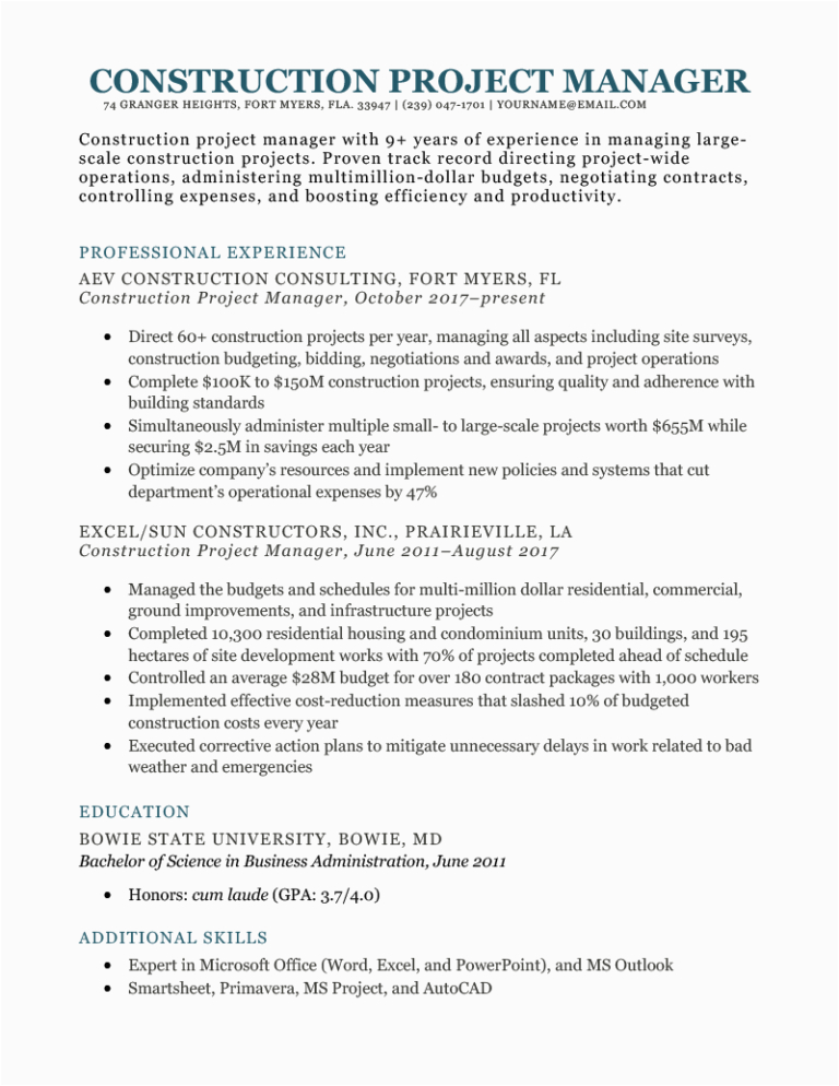 Construction Project Management Resume Examples Samples Construction Project Manager Resume [example for Download]