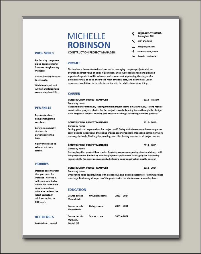Construction Project Manager Resume Samples Free Free Construction Project Manager Resume Template 2