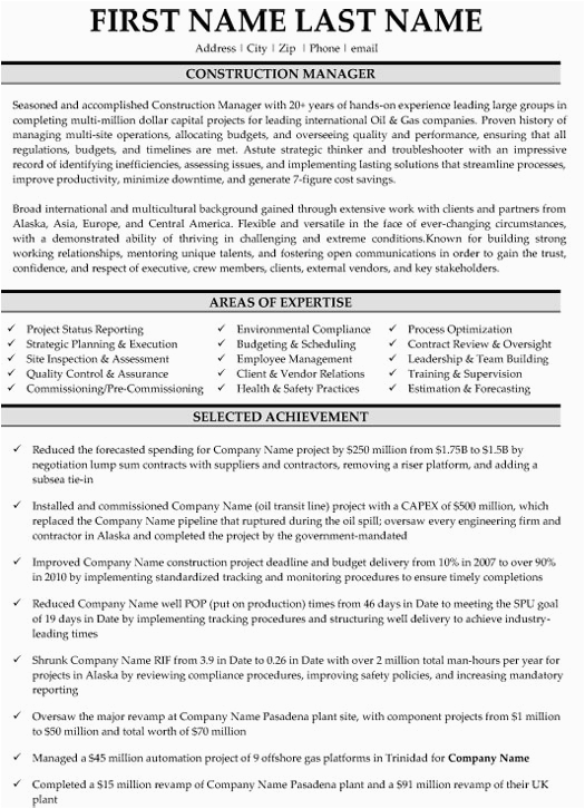 Construction Project Manager Resume Samples Free top Construction Resume Templates & Samples