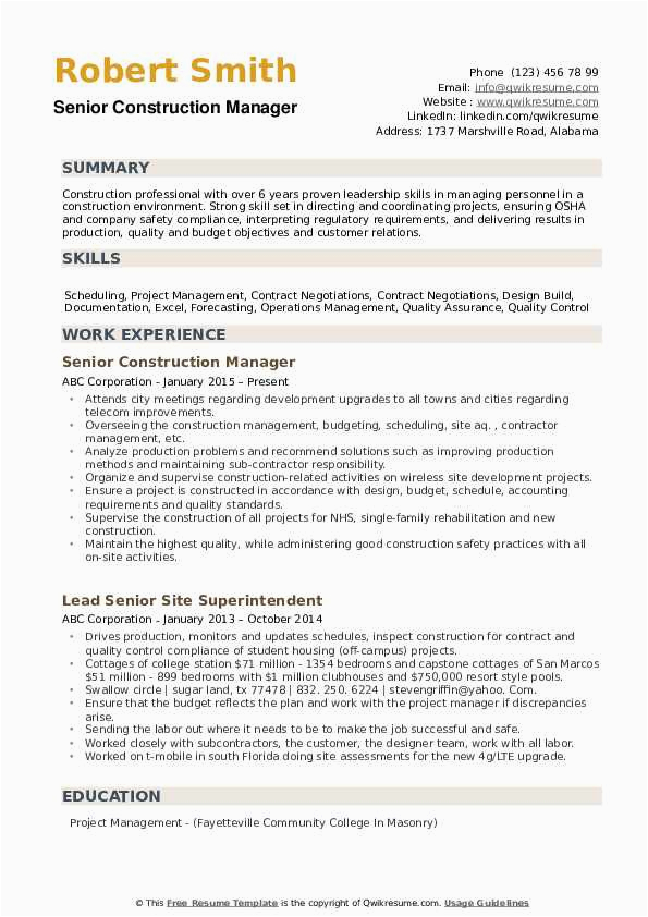 Construction Quality Control Manager Resume Sample Construction Manager Resume Samples
