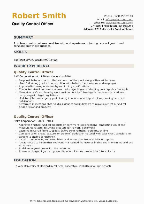 Construction Quality Control Manager Resume Sample Quality Control Ficer Resume Samples