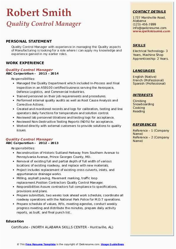 Construction Quality Control Manager Resume Sample Quality Control Manager Resume Samples