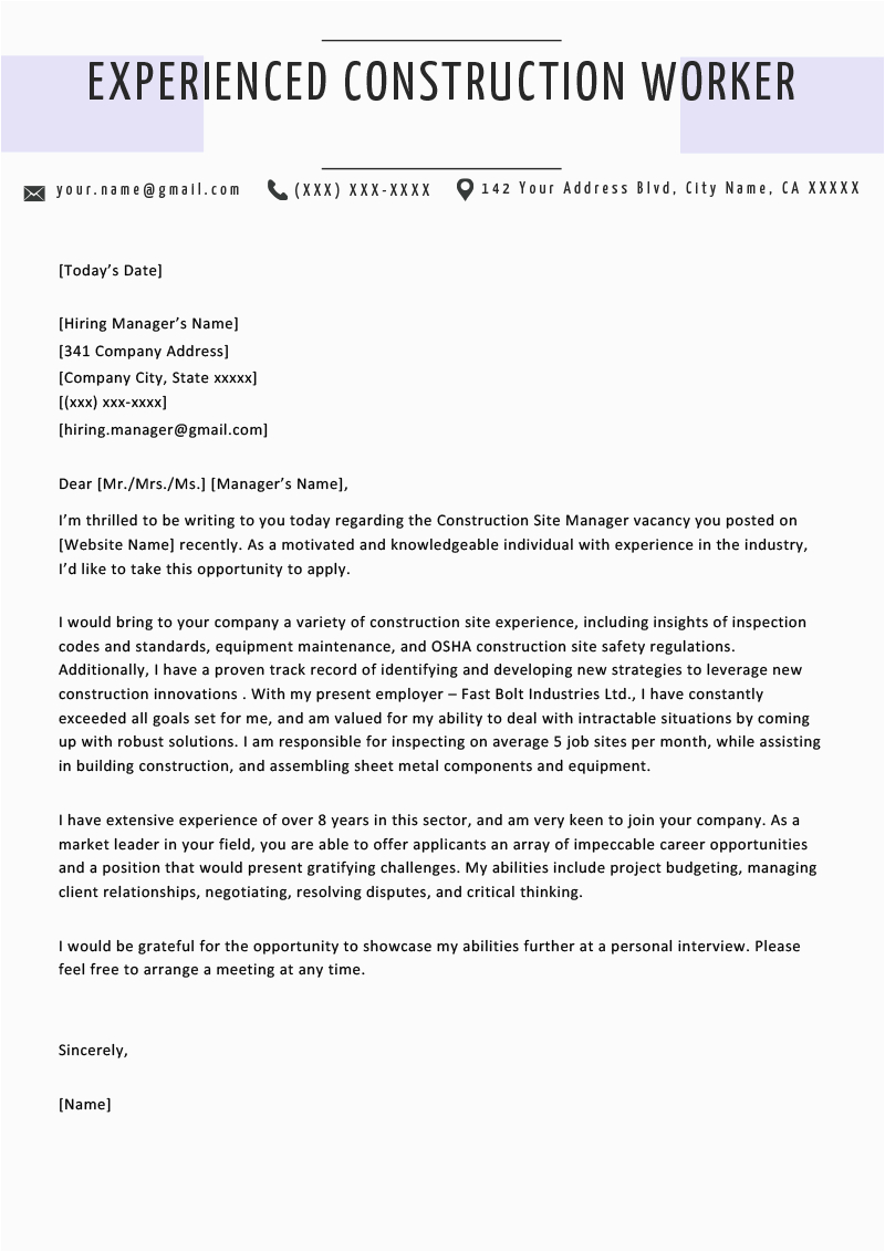 Construction Resume Cover Letter Free Samples Construction Cover Letter Example & Writing Tips