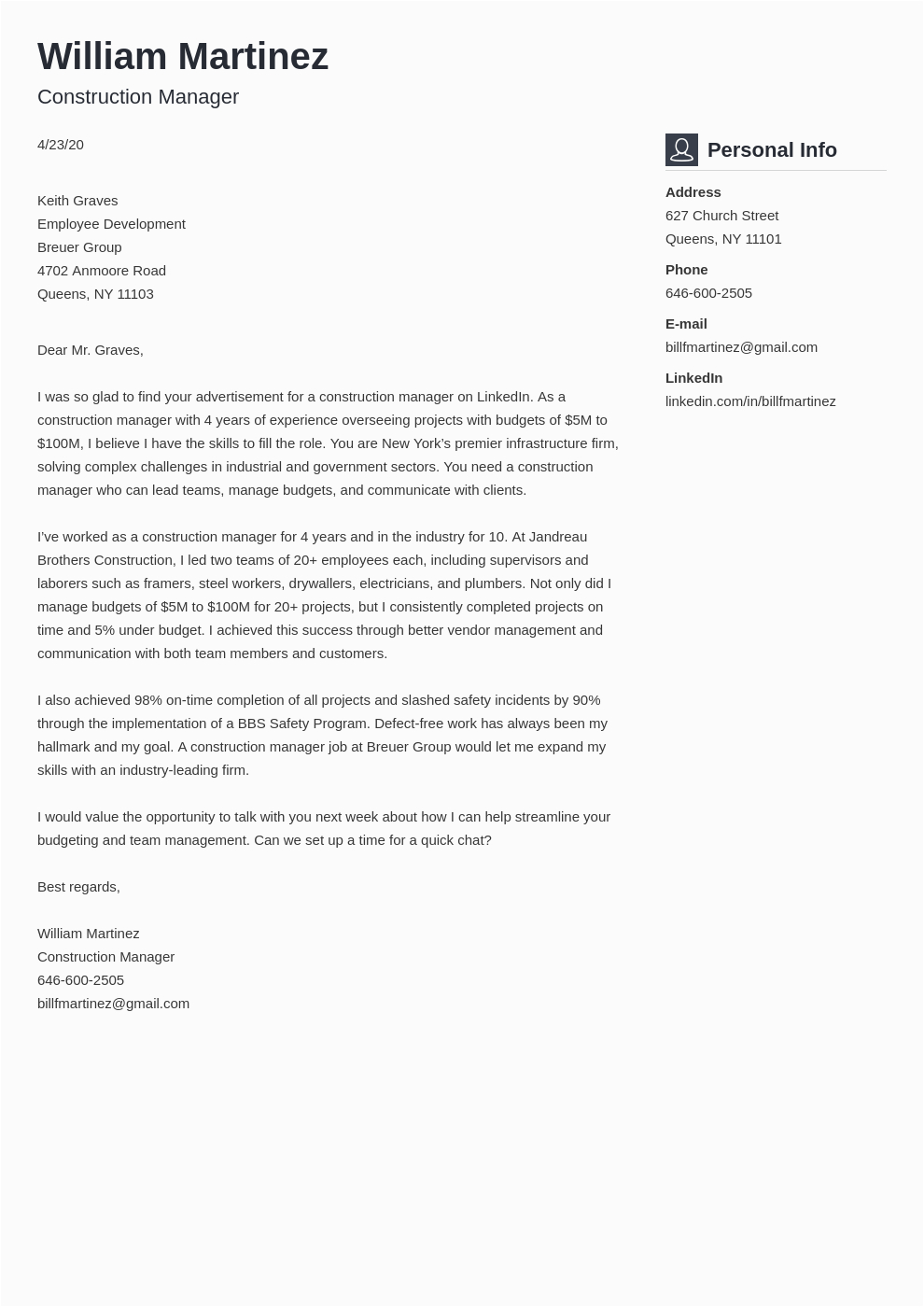 Construction Resume Cover Letter Free Samples Construction Cover Letter Examples & Writing Guide