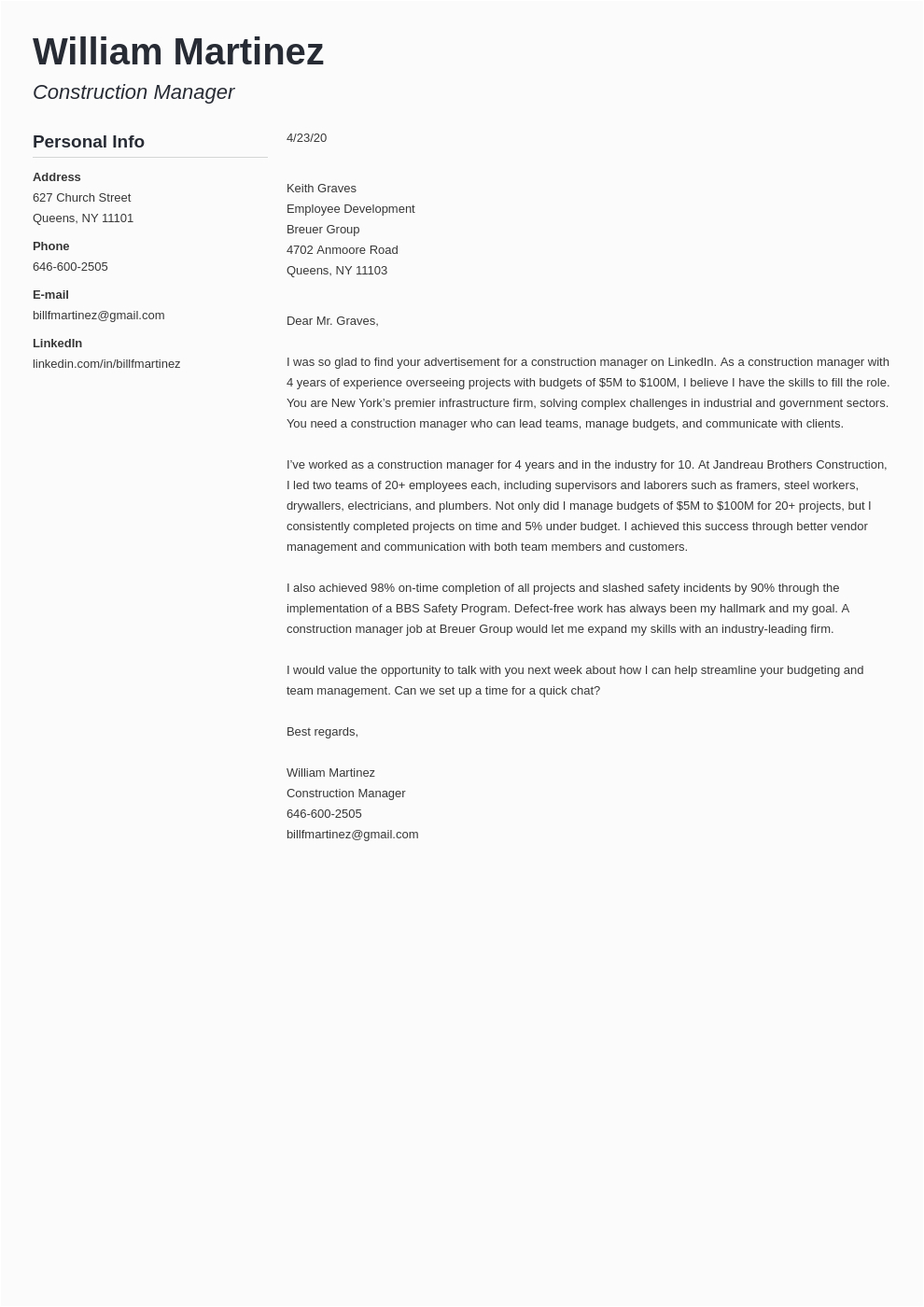 Construction Resume Cover Letter Free Samples Construction Cover Letter Examples & Writing Guide
