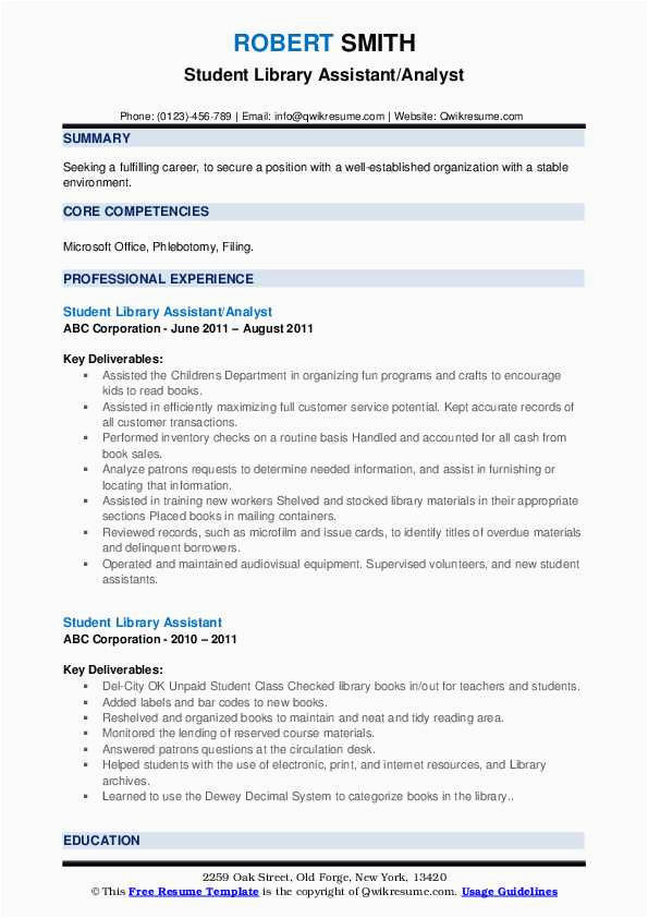 Data Analyst for A Library Resume Sample Student Library assistant Resume Samples