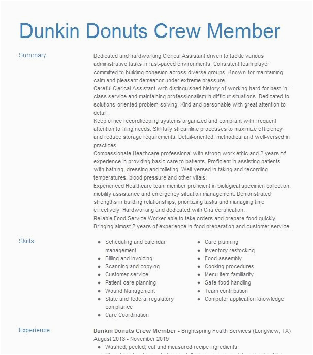 Dunkin Donuts Crew Member Resume Sample Dunkin Donuts Crew Member Resume Example Roots Montgomery New York