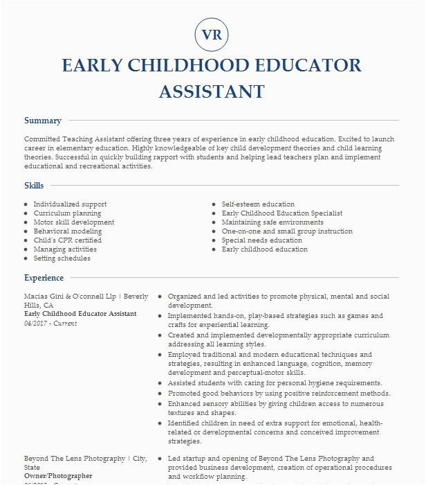 Early Childhood Teacher assistant Resume Sample Early Childhood assistant Resume Example Shelby County School District