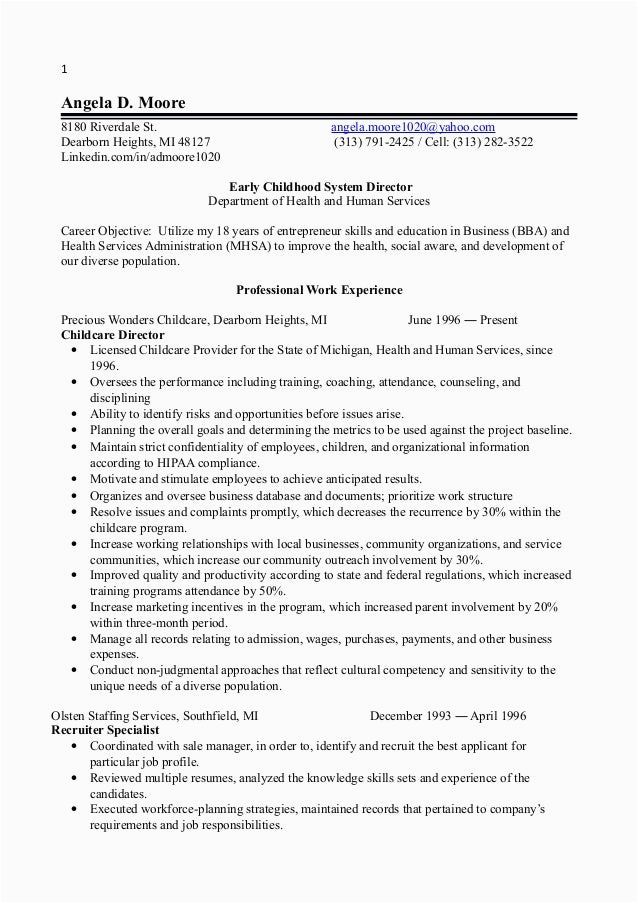 Early Learning Office Manager Resume Samples 1 Early Childhood Director Resume 2014