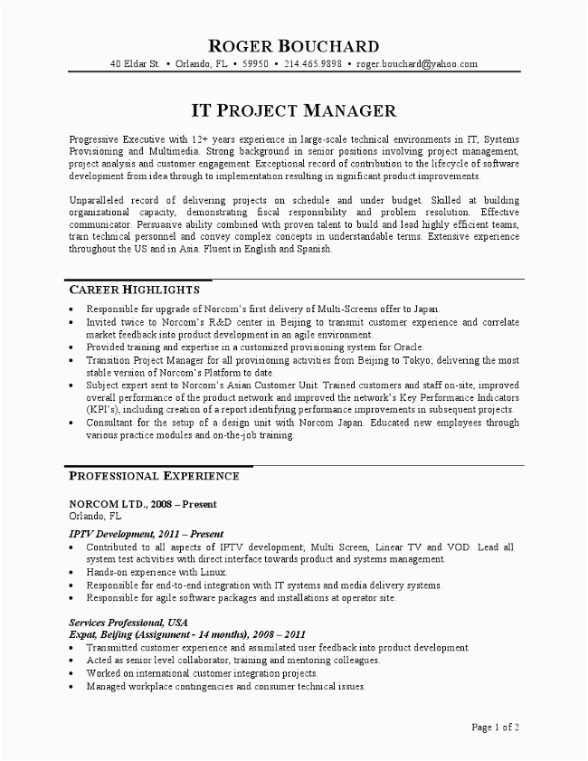 Entry Level It Project Manager Resume Sample It Project Manager Resume Resume Sample